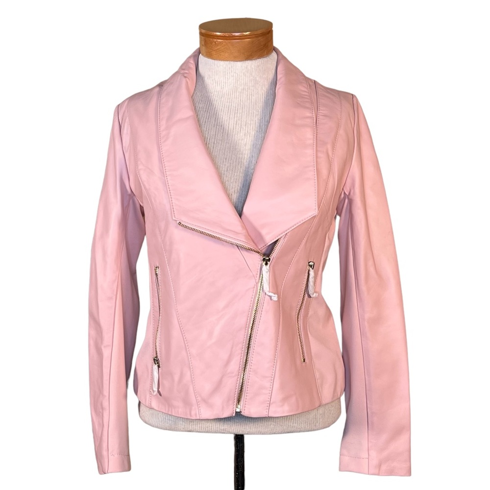 IMAN Blush Leather Moto Jacket With Gold Colored Hardware Size XS FIT S Too NWT